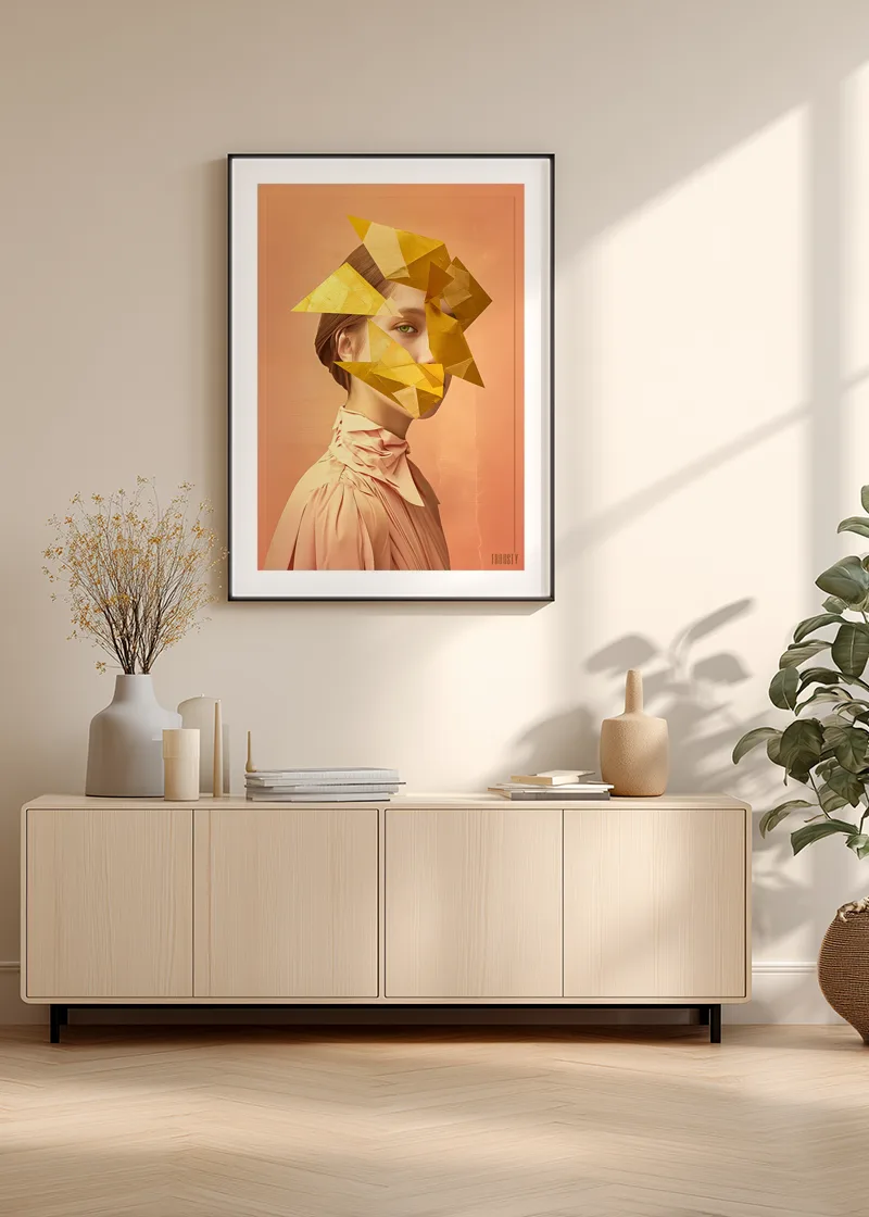 FROOSTY® ABSTRACT AI WOMAN No. 02 – Limited AI poster print displayed in a modern interior – Fine Art Print on Hahnemühle Paper