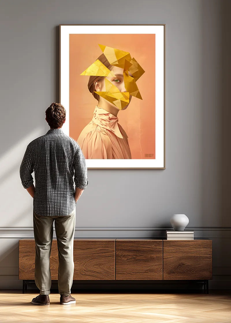 FROOSTY® ABSTRACT AI WOMAN No. 02 – Limited AI poster print displayed in a modern interior and a man in front, watching the artwork – Fine Art Print on Hahnemühle Paper