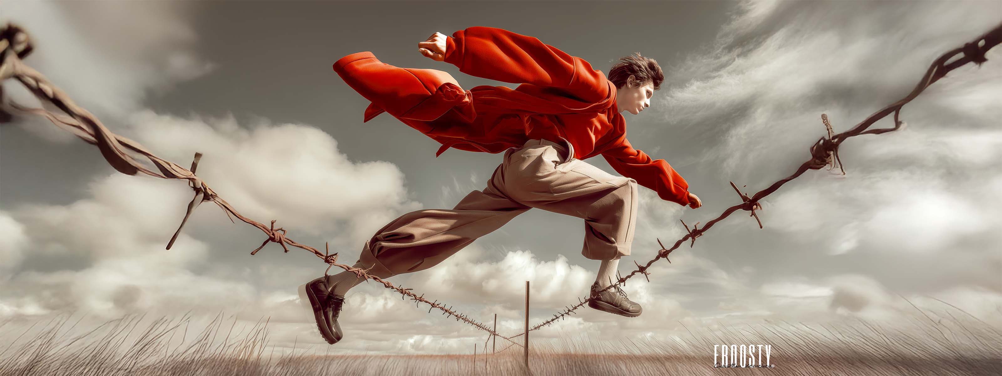 Junger Mann mit hell brauner Hose und einer roten Fleece Jacke springt über einen Stacheldrahtzaun - Seitenansicht - sehr dynamisch Color Key Images Bild - beeindruckende Wolken im Hintergrund - Heidelandschaft - Logo FROOSTY® - Christian Kernchen