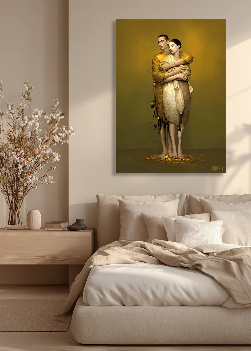 FROOSTY® THE HUG – Limited AI fine art print displayed in a modern bedroom interior – Fine Art Print on Hahnemühle Paper
