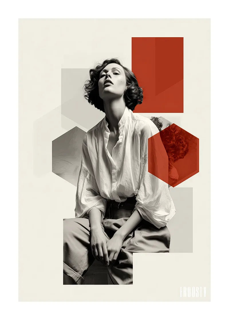 VINTAGE WOMAN COLLAGE No. 01 Poster by FROOSTY® – black and white female portrait with abstract colored objects on a sepia vintage background.