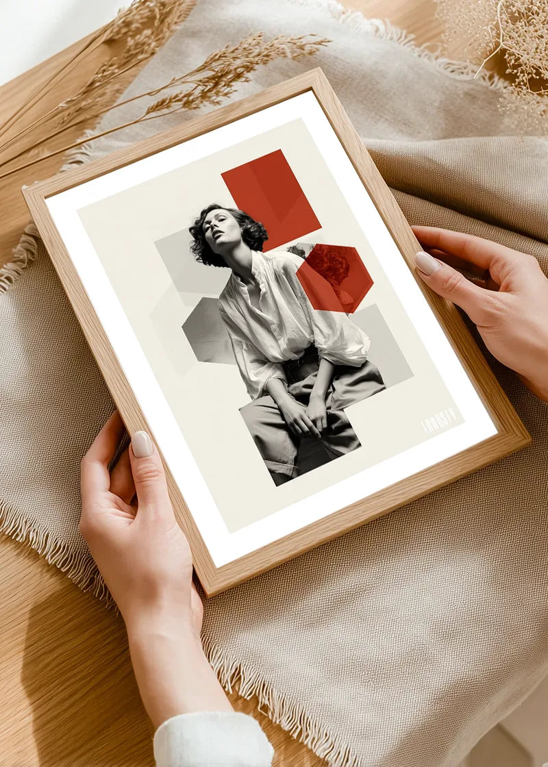VINTAGE WOMAN COLLAGE No. 01 Poster by FROOSTY® – black and white female portrait with abstract colored objects on a sepia vintage background. MockUp Frame in Hands of a Woman.