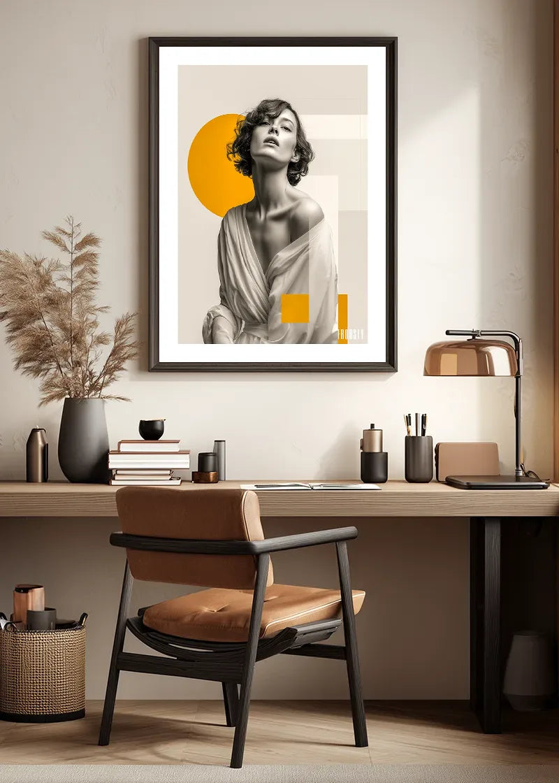 VINTAGE WOMAN COLLAGE No. 02 Poster by FROOSTY® – black and white female portrait with abstract colored objects on a sepia vintage background. MockUp in Home Office.