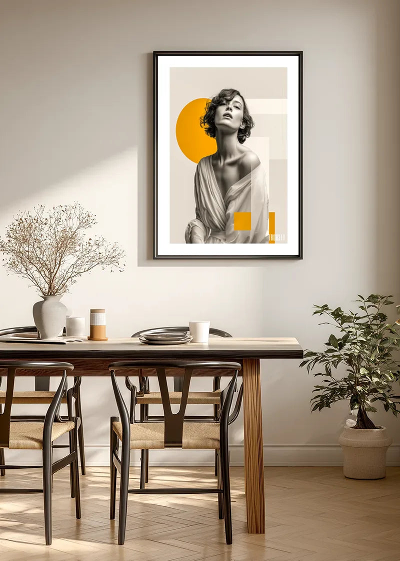 VINTAGE WOMAN COLLAGE No. 02 Poster by FROOSTY® – black and white female portrait with abstract colored objects on a sepia vintage background. MockUp in Livingroom.