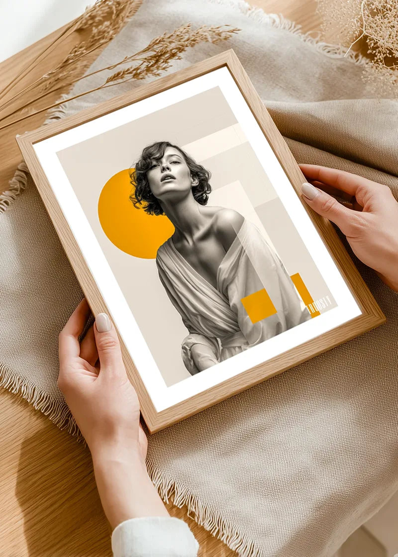 VINTAGE WOMAN COLLAGE No. 02 Poster by FROOSTY® – black and white female portrait with abstract colored objects on a sepia vintage background. MockUp Frame in Hands of a Woman