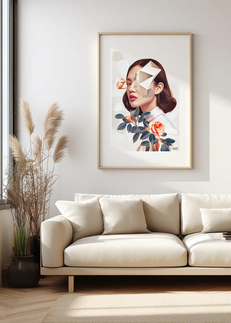 FROOSTY® ABSTRACT AI WOMAN No. 01 – Limited AI poster print displayed in a modern interior – Fine Art Print on Hahnemühle Paper