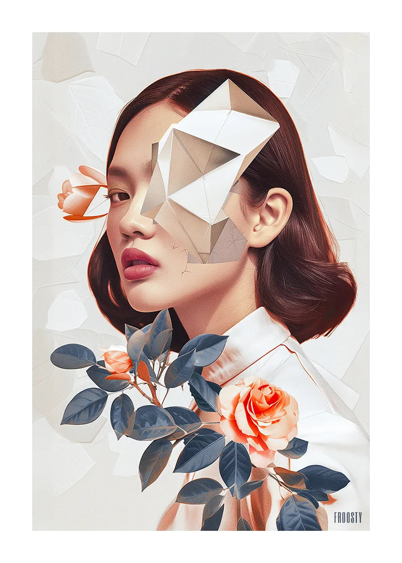 FROOSTY® ABSTRACT AI WOMAN No. 02 – Rose-bronze half-body portrait of a young woman with golden geometric shapes over her face and one green eye revealed – Fine Art Print on Hahnemühle Paper