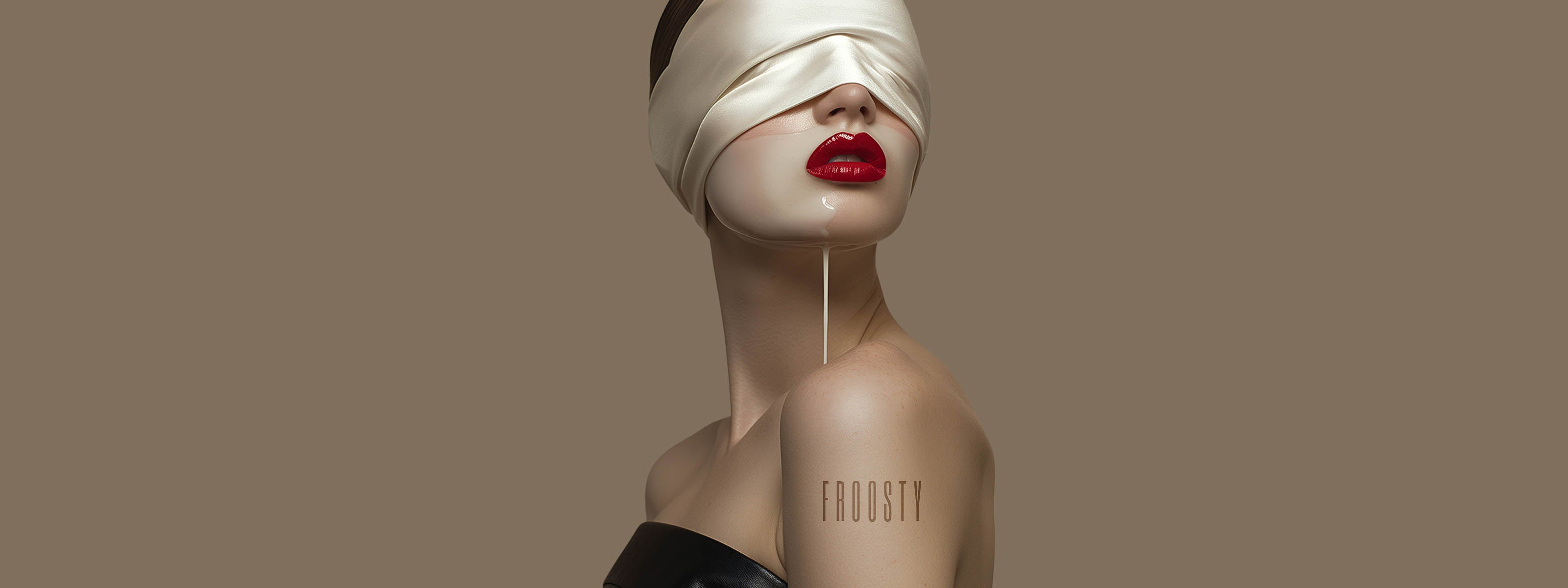 Blindfolded Beauty - FROOSTY - Christian Kernchen - Woman - Portrait - blindfolded - red Lips - Milk dripping - Latex Leather Dress - beige Background