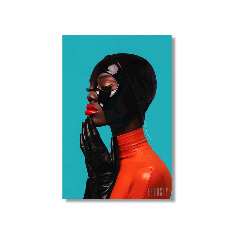 Portrait of a black Woman in a orange Latex Dress, with black Gloves, red Lips a Latex Mask on here Head, Turquoise Background by digital Artist FROOSTY Christian Kernchen - AI Art, Art, Artwork, limited Edition, Print, Leather, Yummy, Desire, Love, Happy, Sexy, Mans Dreams, Fantasy,  Contemporary, Modern, Abstract, Surreal, Hyper Realistic, Minimalistic, Fine Art