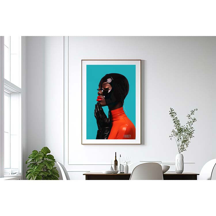 Portrait of a black Woman in a orange Latex Dress, with black Gloves, red Lips a Latex Mask on here Head, Turquoise Background by digital Artist FROOSTY Christian Kernchen in a MockUp white Dining-room with a Window, Table and Chairs and Interior,  - AI Art, Art, Artwork, limited Edition, Print, Leather, Yummy, Desire, Love, Happy, Sexy, Mans Dreams, Fantasy,  Contemporary, Modern, Abstract, Surreal, Hyper Realistic, Minimalistic, Fine Art