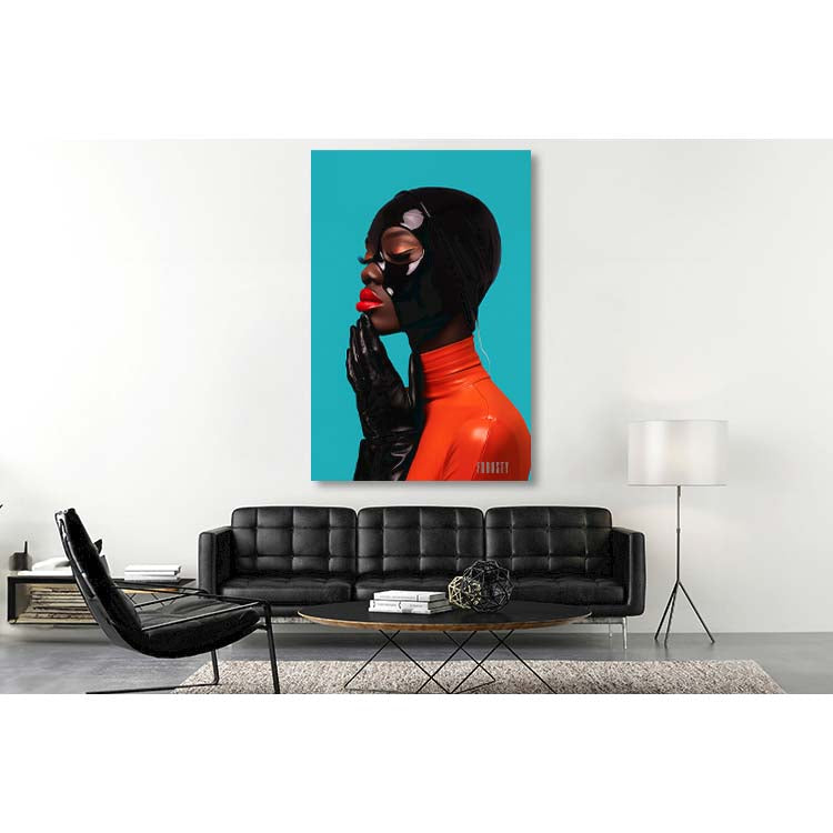 Portrait of a black Woman in a orange Latex Dress, with black Gloves, red Lips a Latex Mask on here Head, Turquoise Background by digital Artist FROOSTY Christian Kernchen in a MockUp Livingroom with a Black leather Couch, Lighting, and Interior,  - AI Art, Art, Artwork, limited Edition, Print, Leather, Yummy, Desire, Love, Happy, Sexy, Mans Dreams, Fantasy,  Contemporary, Modern, Abstract, Surreal, Hyper Realistic, Minimalistic, Fine Art