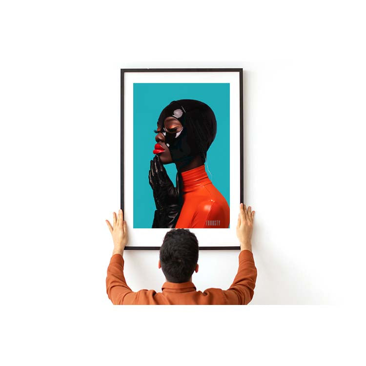 Portrait of a black Woman in a orange Latex Dress, with black Gloves, red Lips a Latex Mask on here Head, Turquoise Background by digital Artist FROOSTY Christian Kernchen in a MockUp where a Man hang on the frame with the picture - AI Art, Art, Artwork, limited Edition, Print, Leather, Yummy, Desire, Love, Happy, Sexy, Mans Dreams, Fantasy,  Contemporary, Modern, Abstract, Surreal, Hyper Realistic, Minimalistic, Fine Art