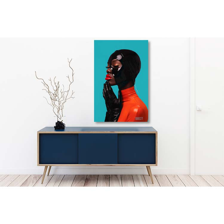 Portrait of a black Woman in a orange Latex Dress, with black Gloves, red Lips a Latex Mask on here Head, Turquoise Background by digital Artist FROOSTY Christian Kernchen in a MockUp white Room with a blue Sideboard, and Interior,  - AI Art, Art, Artwork, limited Edition, Print, Leather, Yummy, Desire, Love, Happy, Sexy, Mans Dreams, Fantasy,  Contemporary, Modern, Abstract, Surreal, Hyper Realistic, Minimalistic, Fine Art