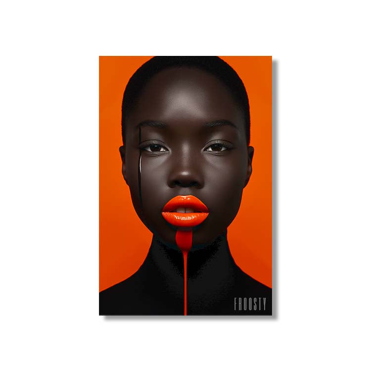 Wonderfull black Woman dripping Chocolate on her face and juice out of her mouth - Orange Background - Man's Dream, Fantasy, Dirty, Desire, Milf Juice, digital Artwork - Fine Art Print - Wall Art Decoration - FROOSTY