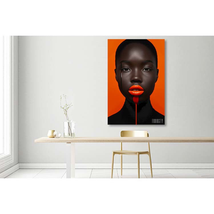 Wonderfull black Woman dripping Chocolate on her face and juice out of her mouth - Orange Background - Man's Dream, Fantasy, Dirty, Desire, Milf Juice, digital Artwork - Fine Art Print - Wall Art Decoration - bright white minimalistic Room, Wood Table, Chair, Decoration, Window - FROOSTY