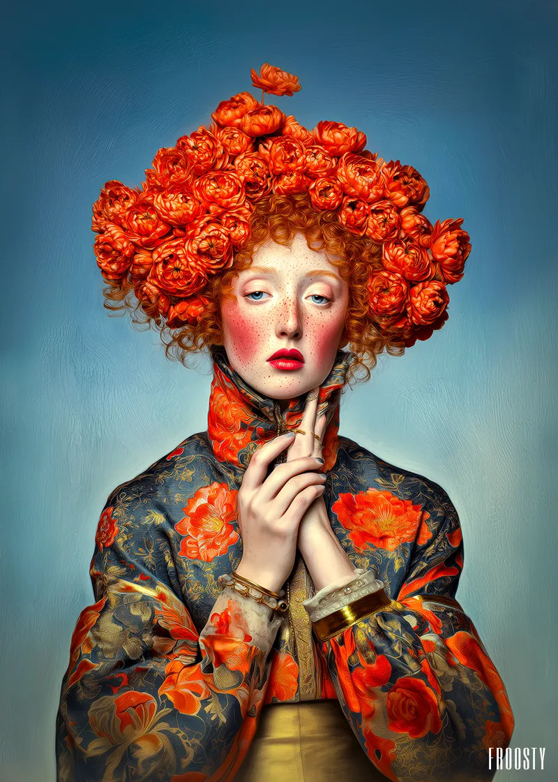 FROOSTY® MADEMOISELLE FLEUR No. 01 – Half-body portrait of a young woman in a blue Japanese kimono with red roses and a yellow obi sash, red hair crowned with a large bouquet of roses in full bloom, hands folded before her throat, soft blue gradient background – Fine Art Print on Hahnemühle Paper