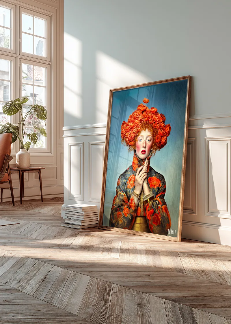FROOSTY® MADEMOISELLE FLEUR No. 01 – Limited AI fine art print displayed in a modern interior – Fine Art Print on Hahnemühle Paper