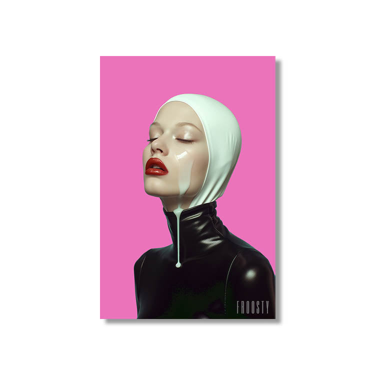 Portrait of a white Woman in black and white Latex Dress, Pink Background, red Lips, Milk juice dripping, running on her face down, mans dream, yummy yummy, desire, fantasy, art, artwork, Artprint, Fine Art, Milf, limited edition, mockup, mouth, dirty, love, FROOSTY, Christian Kernchen