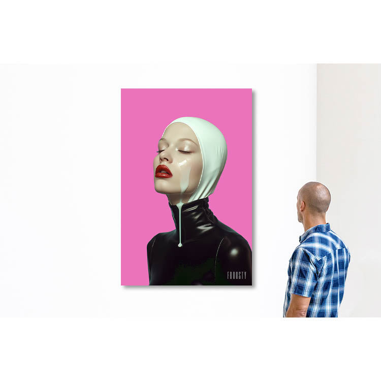 A Man standing in front of a Portrait of a white Woman in black and white Latex Dress, Pink Background, red Lips, Milk juice dripping, running on her face down, mans dream, yummy yummy, desire, fantasy, art, artwork, Artprint, Fine Art, Milf, limited edition, mockup, mouth, dirty, love, FROOSTY, Christian Kernchen