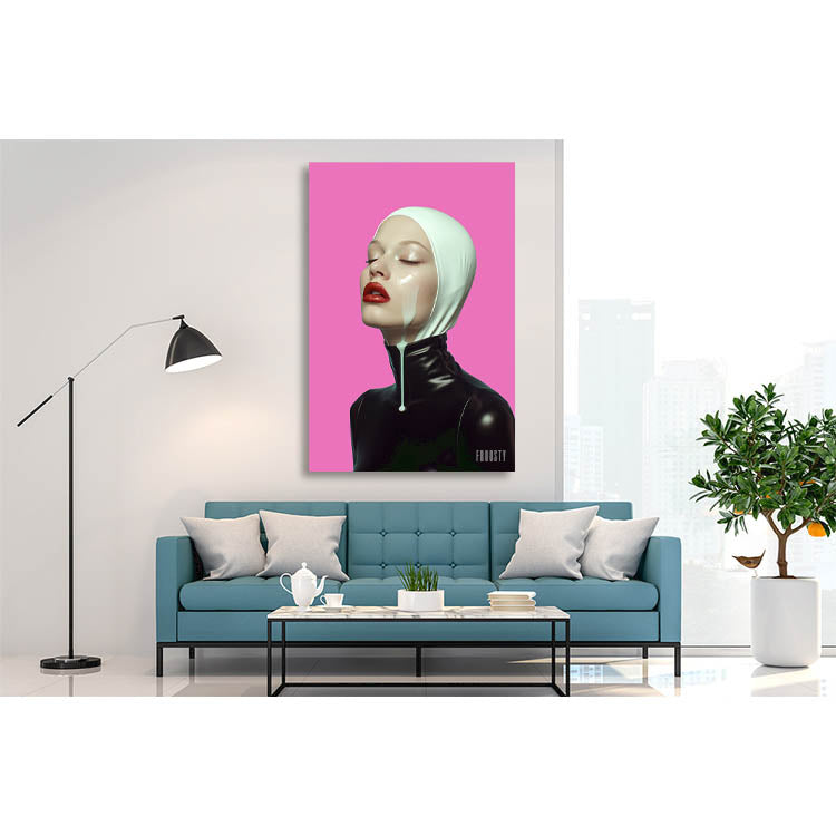 Picture in a modern Livingroom of a Portrait of a white Woman in black and white Latex Dress, Pink Background, red Lips, Milk juice dripping, running on her face down, mans dream, yummy yummy, desire, fantasy, art, artwork, Artprint, Fine Art, Milf, limited edition, mockup, mouth, dirty, love, FROOSTY, Christian Kernchen. blue Sofa, Flowers, Light, bright warm Room, Table, Tea