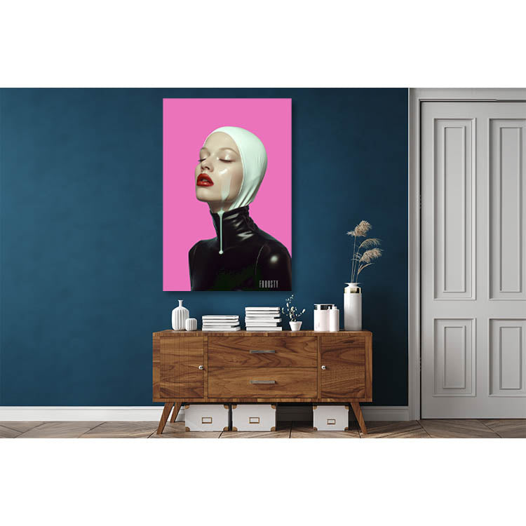 A Picture on a blue Room Wall with a Portrait of a white Woman in black and white Latex Dress, Pink Background, red Lips, Milk juice dripping, running on her face down, mans dream, yummy yummy, desire, fantasy, art, artwork, Artprint, Fine Art, Milf, limited edition, mockup, mouth, dirty, love, FROOSTY, Christian Kernchen, wood Table, Side board, Decoration, Door, Floor, warm colors