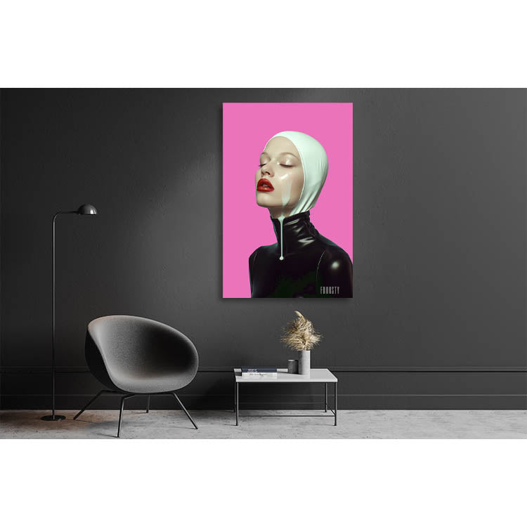 A Picture on a gray wall in a Livingroom with a Portrait of a white Woman in black and white Latex Dress, Pink Background, red Lips, Milk juice dripping, running on her face down, mans dream, yummy yummy, desire, fantasy, art, artwork, Artprint, Fine Art, Milf, limited edition, mockup, mouth, dirty, love, FROOSTY, Christian Kernchen, Light, Chair, Table, 