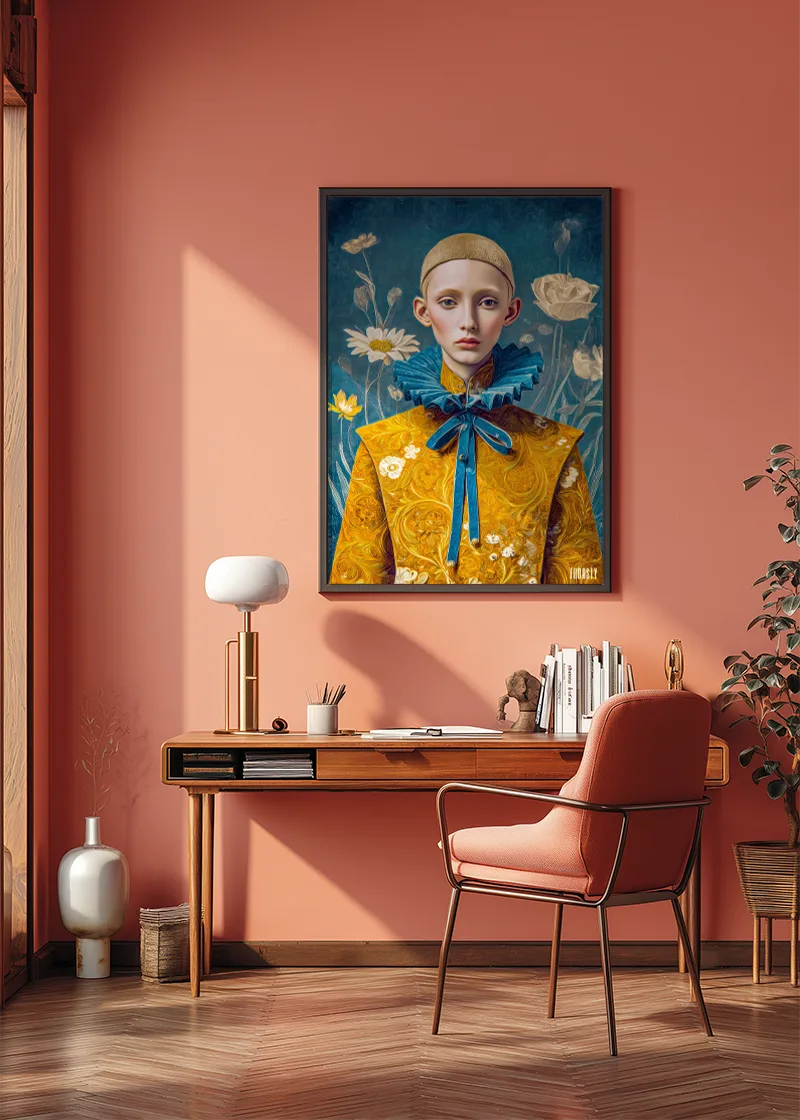 FROOSTY® The Baroque Lad No. 01 – Limited AI poster print displayed in a modern interior – Fine Art Print on Hahnemühle Paper