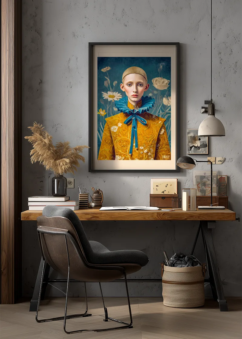 FROOSTY® The Baroque Lad No. 01 – Limited AI poster print displayed in a modern interior – Fine Art Print on Hahnemühle Paper