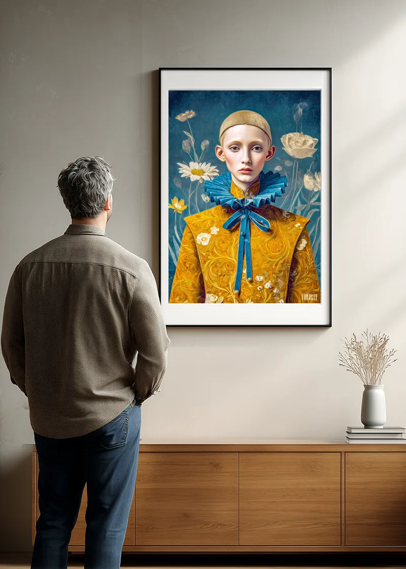 FROOSTY® The Baroque Lad No. 01 – Limited AI poster print displayed in a modern interior, a man stand in front of the artwork and is watching it interesseted – Fine Art Print on Hahnemühle Paper
