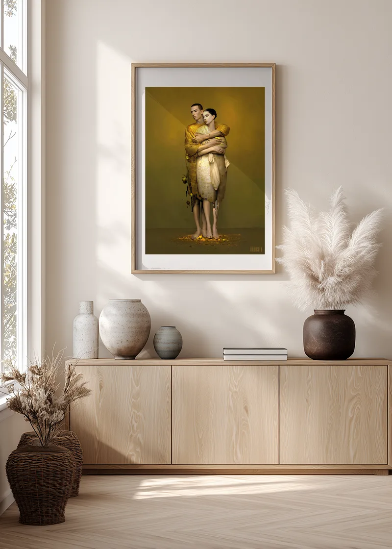 FROOSTY® THE HUG – Limited AI fine art print displayed in a modern sideboard interior – Fine Art Print on Hahnemühle Paper