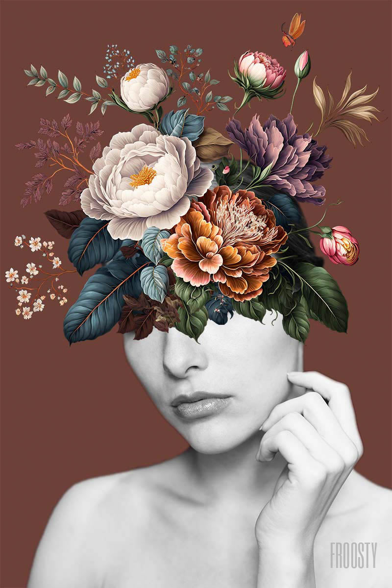 FROOSTY | Christian Kernchen - WOMAN WITH FLOWERS ON HER HEAD - Brown Color - Artwork - Kunstwerk - Artprint - Kunstdruck - Portrait - Frau - Blumen - color - farbig -  limited Edition - limitierte Auflage - Hahnemühle - frosty