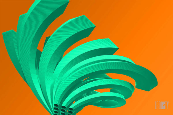 FROOSTY | Christian Kernchen - The Twisted Steel - Green on Orange - 3D - Polygon - Pop Art -  digital Artwork - Kunstwerk - Artprint - Kunstdruck - farbig - color - limited Edition - limitierte Auflage - Hahnemühle - frosty