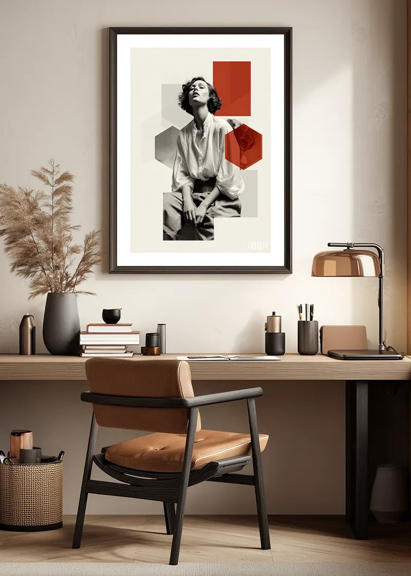 VINTAGE WOMAN COLLAGE No. 01 Poster by FROOSTY® – black and white female portrait with abstract colored objects on a sepia vintage background - MockUp in a Home Office.