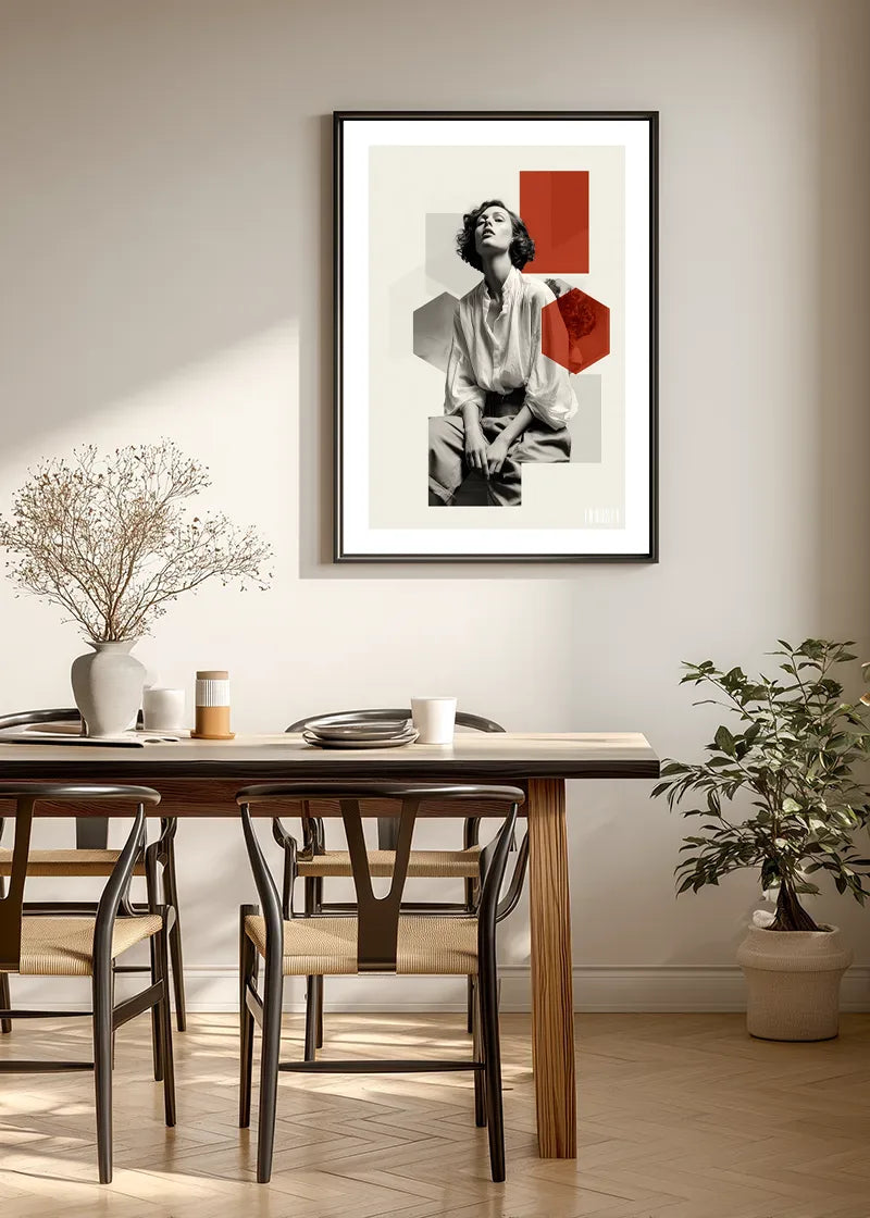 VINTAGE WOMAN COLLAGE No. 01 Poster by FROOSTY® – black and white female portrait with abstract colored objects on a sepia vintage background. MockUp in a Livingroom.