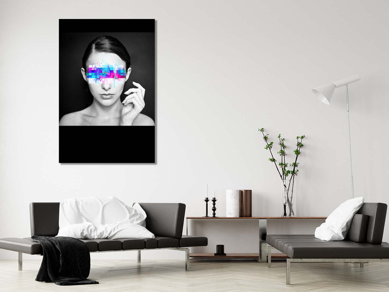 FROOSTY | Christian Kernchen - PIXEL IN YOUR FACE - Woman with Pixel Banner - Color 001 - Artwork - Kunstwerk - Artprint - Kunstdruck - Portrait - Photography - digital Artwork - black and white - schwarz weiß - color - farbig - Farbstrich - limited Edition - limitierte Auflage - Hahnemühle - frosty