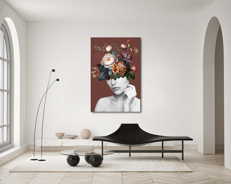 FROOSTY | Christian Kernchen - WOMAN WITH FLOWERS ON HER HEAD - Brown Color - Artwork - Kunstwerk - Artprint - Kunstdruck - Portrait - Frau - Blumen - color - farbig -  limited Edition - limitierte Auflage - Hahnemühle - frosty