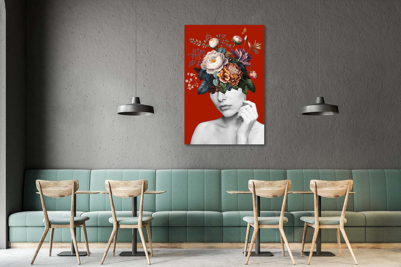 FROOSTY | Christian Kernchen - WOMAN WITH FLOWERS ON HER HEAD - Red Color - Artwork - Kunstwerk - Artprint - Kunstdruck - Pop Art - digital Art - Photography - Portrait - Frau - Blumen - color - farbig -  limited Edition - limitierte Auflage - Hahnemühle - frosty