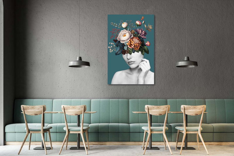 FROOSTY | Christian Kernchen - WOMAN WITH FLOWERS ON HER HEAD - Turquoise Color - Artwork - Kunstwerk - Artprint - Kunstdruck - Pop Art - digital Art - Photography - Portrait - Frau - Blumen - color - farbig -  limited Edition - limitierte Auflage - Hahnemühle - frosty