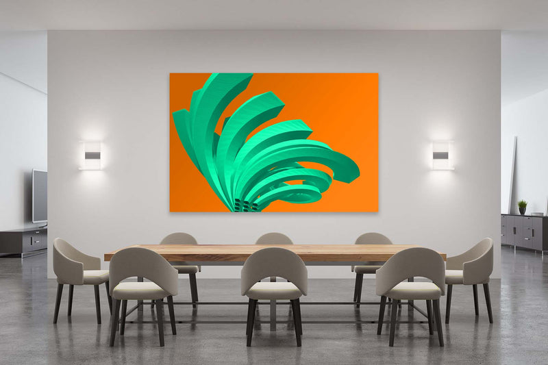 FROOSTY | Christian Kernchen - The Twisted Steel - Green on Orange - 3D - Polygon - Pop Art -  digital Artwork - Kunstwerk - Artprint - Kunstdruck - farbig - color - limited Edition - limitierte Auflage - Hahnemühle - frosty