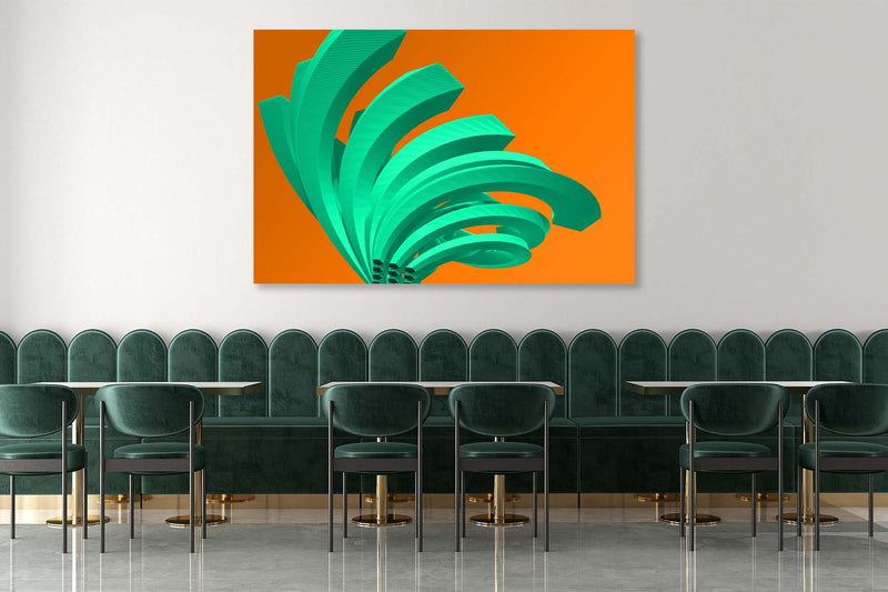 FROOSTY | Christian Kernchen - The Twisted Steel - Green on Orange - 3D - Polygon - Pop Art -  digital Artwork - Kunstwerk - Artprint - Kunstdruck - farbig - color - limited Edition - limitierte Auflage - Hahnemühle - frosty